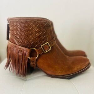 Ariat Dark Tan Leather Taro 24 Fringed Buckle Booties Sz 8